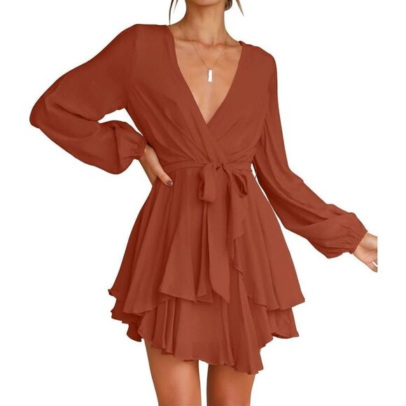 NEW ZESICA Casual Wrap V Neck Tie Waist Dress Rust Large - Picture 1 of 5